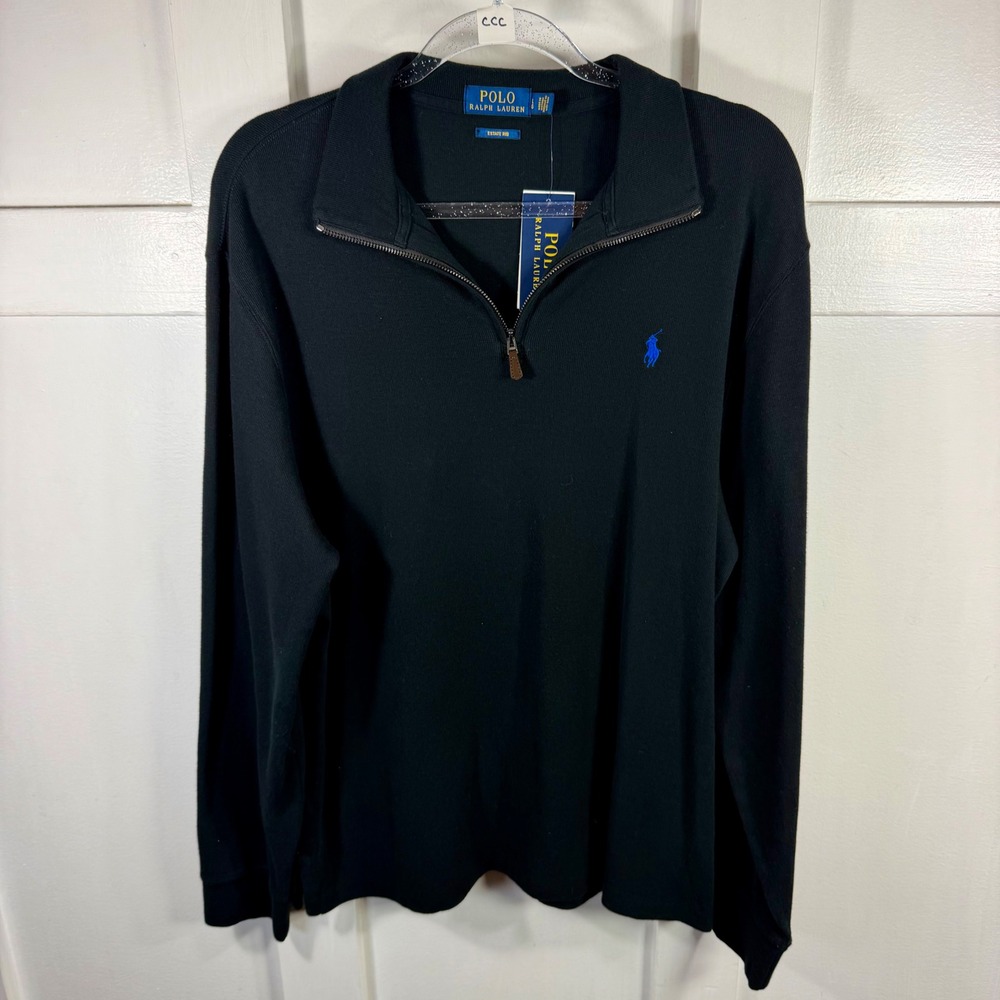 Polo Ralph Lauren Mens Estate Rib Quarter Zip Pullover Black Blue Pony Large New